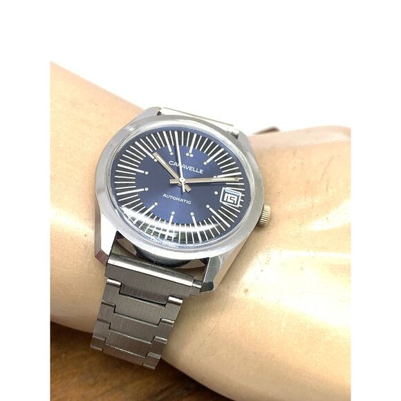 Caravelle Men's Watch 1970'S Vintage Automatic Blue Dial Date Silver Steel 36mm - Picture 5 of 14